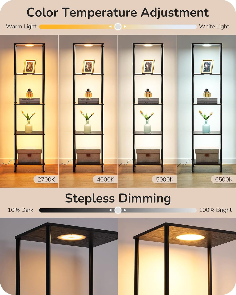 EDISHINE RGBW Floor Lamp with 5-Tier Display Shelf, 3 Modes Remote, Black