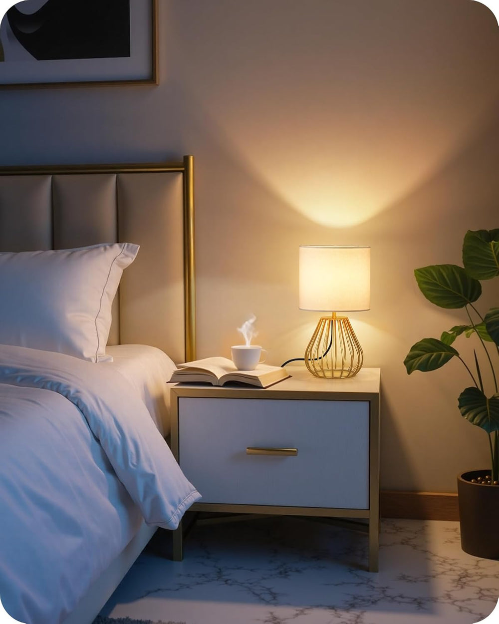 Gold Table Lamp Set of 2, Small Bedside Lamps Set of 2, 2700K LED Bulb Includ...