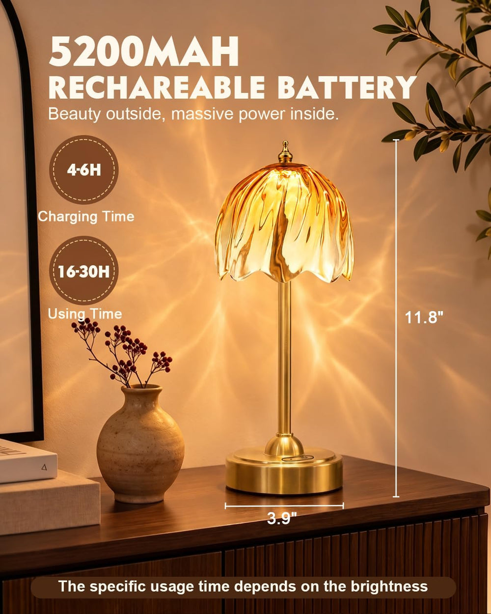 Nusogon Cordless Flower Table Lamp, 5200mAh Small Rechargeable Touch Lamp