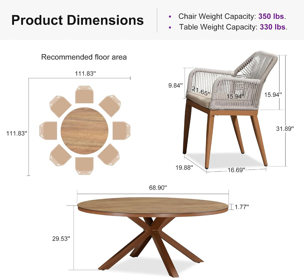 PURPLE LEAF Round Patio Dining Set 9 Pieces with Cushion and Arm, Deep Teak