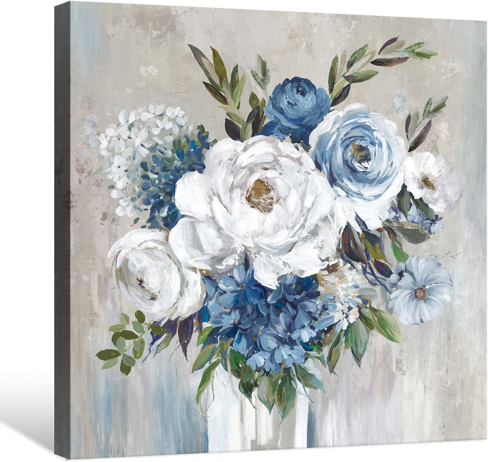 Goldfoilart Blue Flower Wall Art for Living Room White Floral Canvas Pictures...