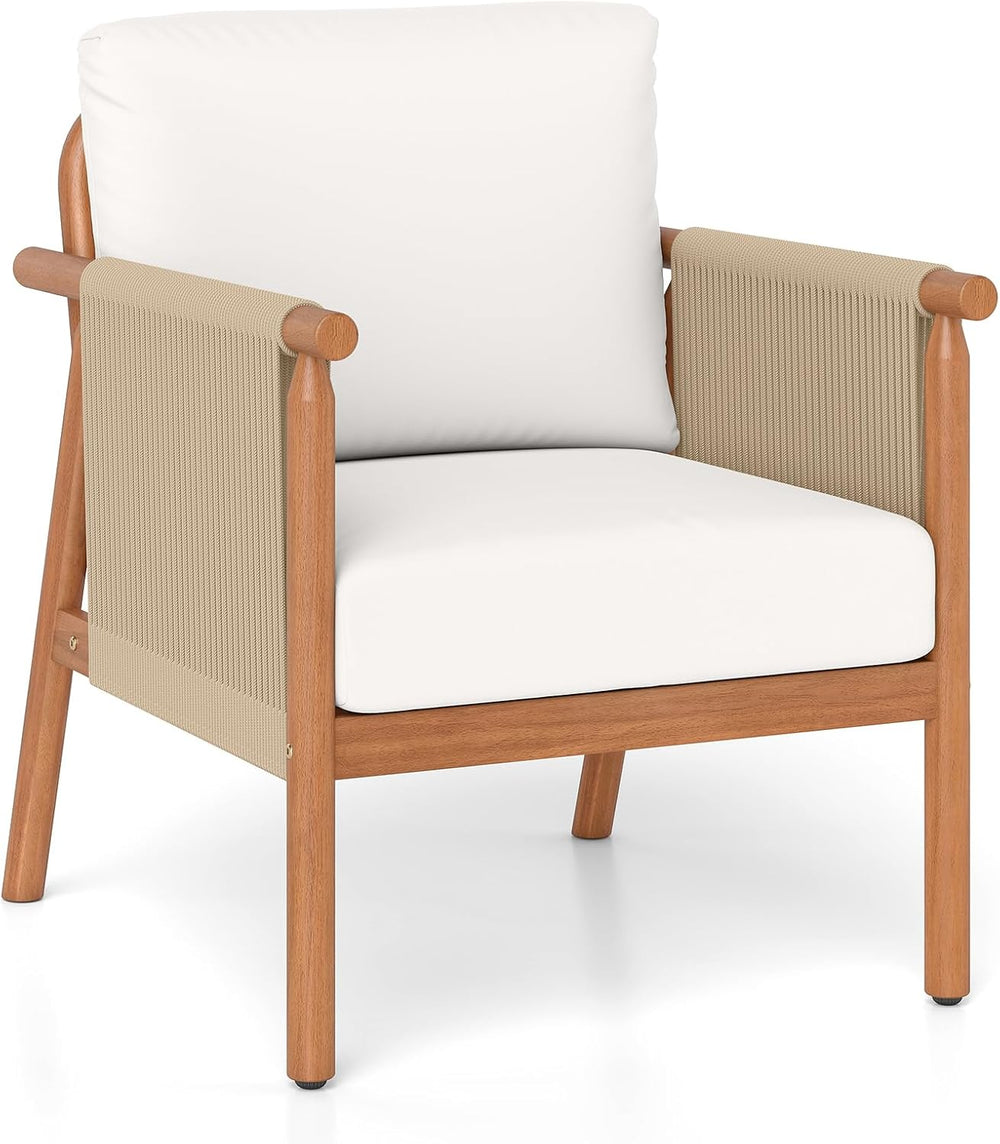 Tangkula Acacia Wood Patio Club Chair, Boho Accent Chair with Woven Rope Armr...