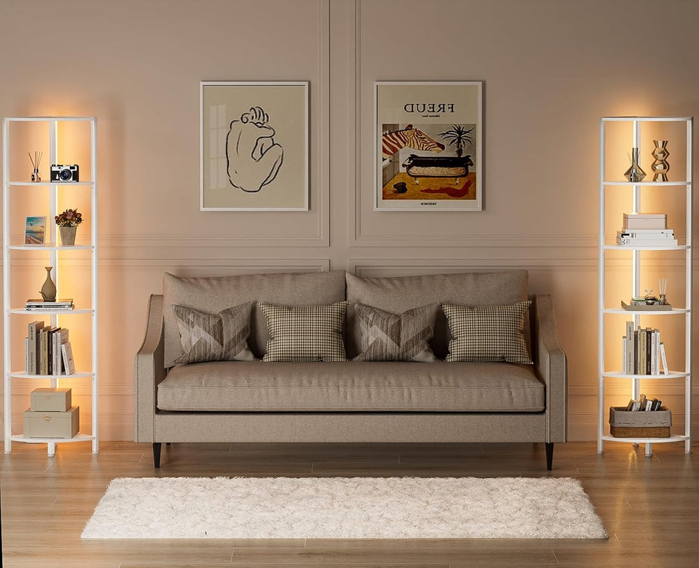 Furnulem 6 Tier Corner Shelf with LED Light, 67.5" White Narrow Bookshelf