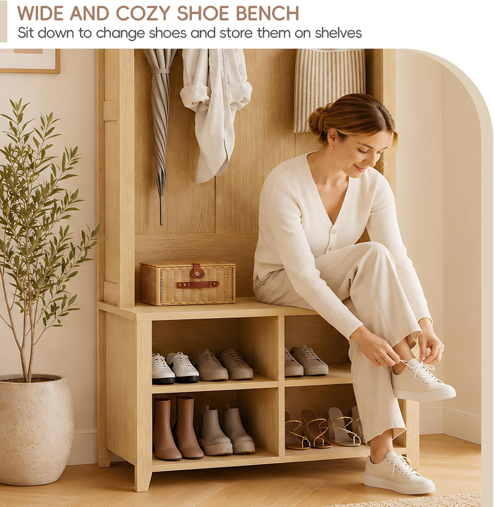 Arched Hall Tree with Bench and Shoe Storage (Oak, 32" W)