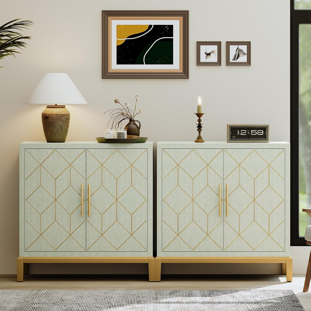 HLR Green Accent Cabinet with Gold Trim,Storage Cabinet with 2 Doors,Modern Wooden Sideboard for Living Room, Kitchen, Office and Hallway