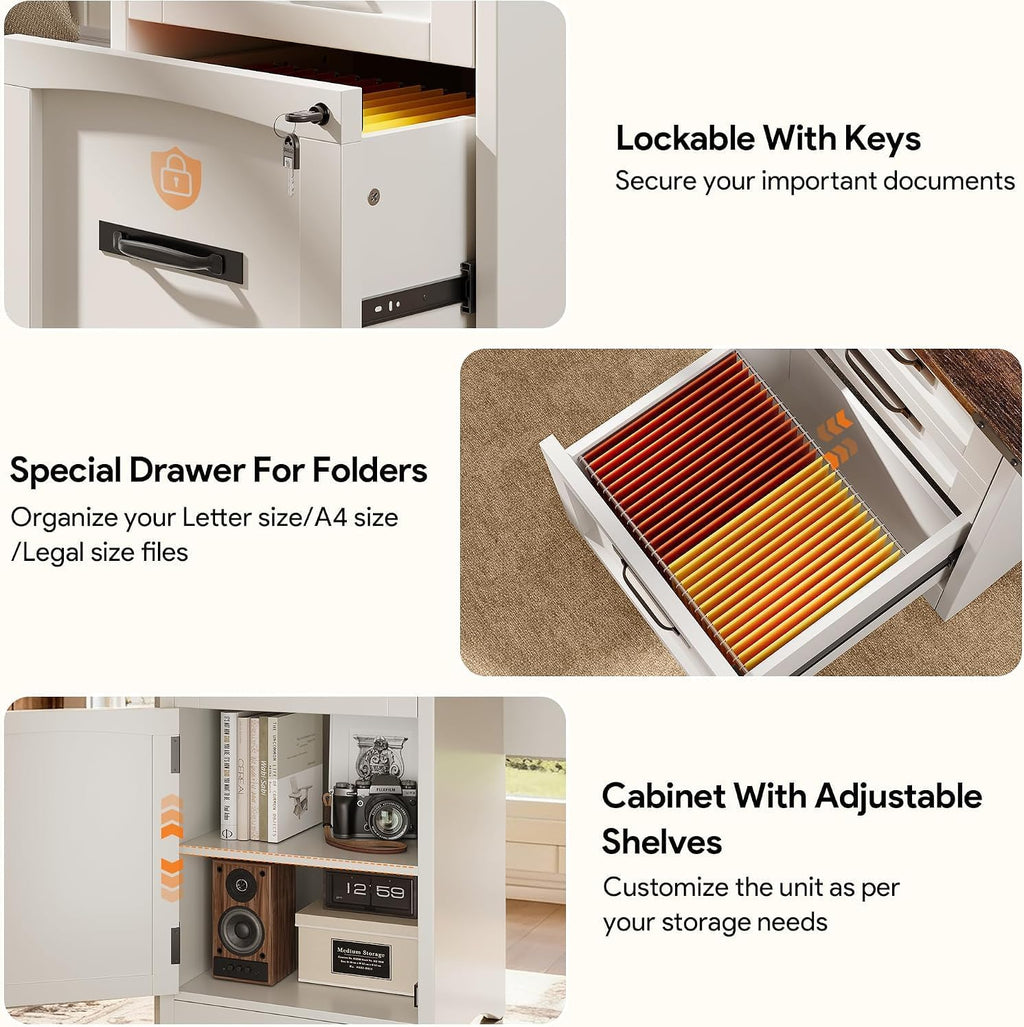 Decofy Farmhouse Executive Desk with Drawers, 55" Home Office Desks with Fast Charging Station, Lockable File Cabinet, Wood Writing Computer Desk for Work, Study