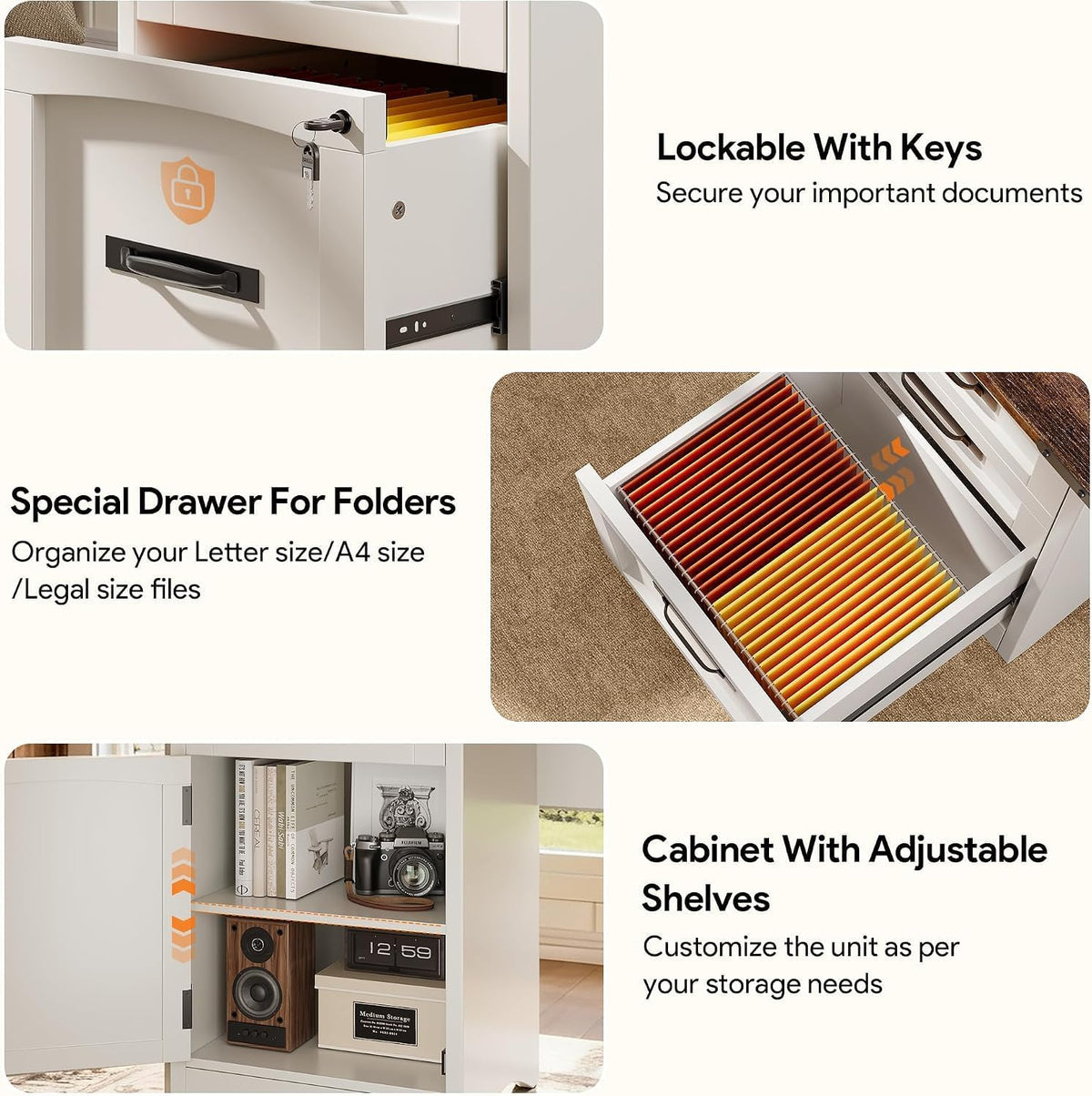 Decofy Farmhouse Executive Desk with Drawers, 55" Home Office Desks with Fast Charging Station, Lockable File Cabinet, Wood Writing Computer Desk for Work, Study