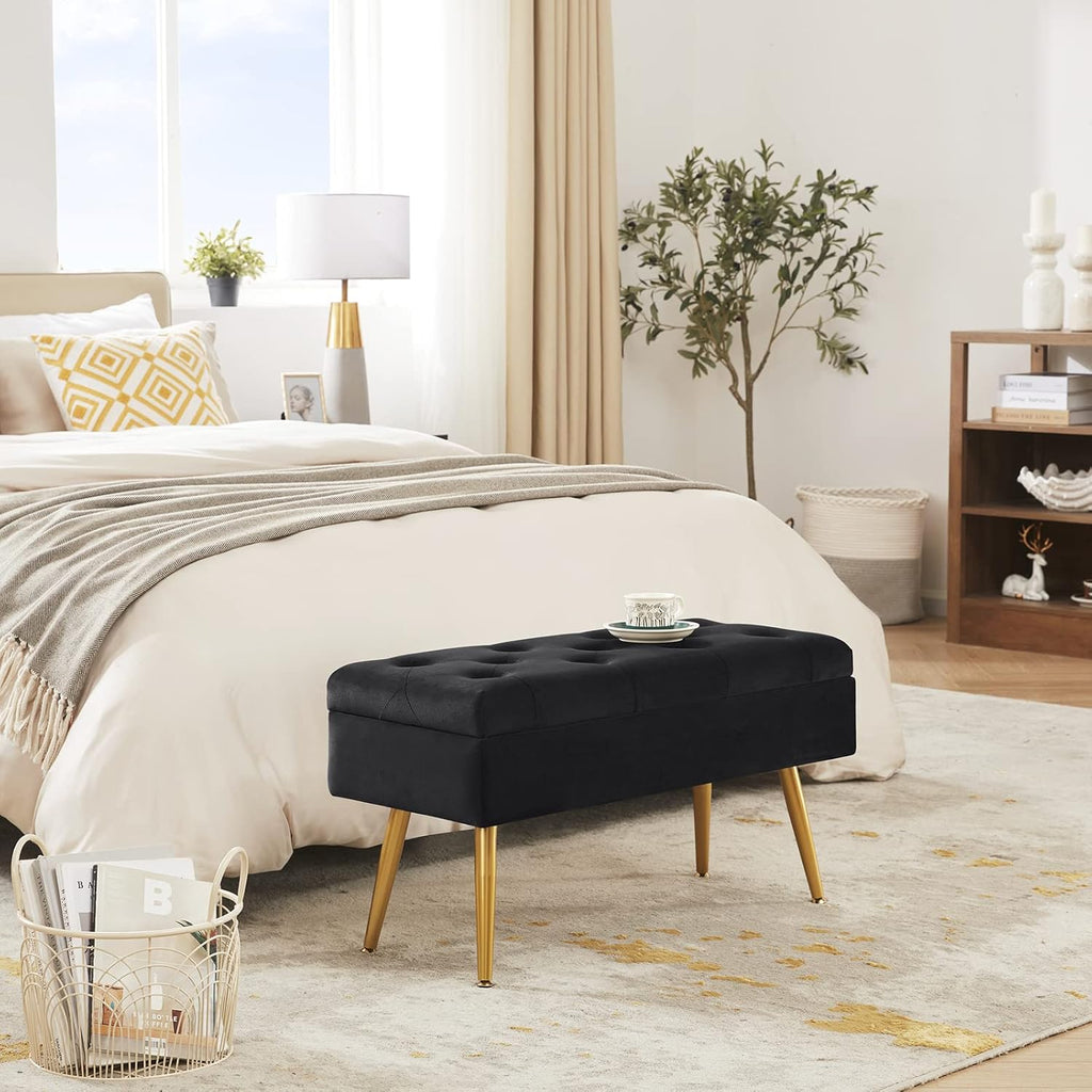 Gitrah Storage Bench Entryway Bench End of Bed Bench Ottoman Upholstered Velvet Bedroom Bench Tufted Bench with Golden Legs 32" Black