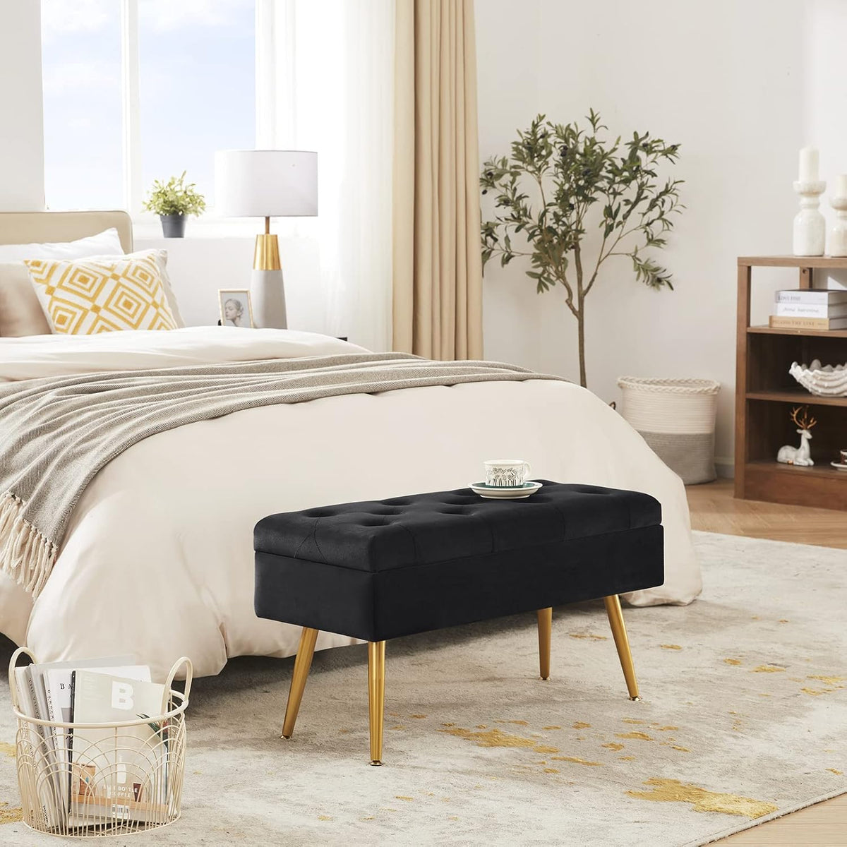 Gitrah Storage Bench Entryway Bench End of Bed Bench Ottoman Upholstered Velvet Bedroom Bench Tufted Bench with Golden Legs 32" Black