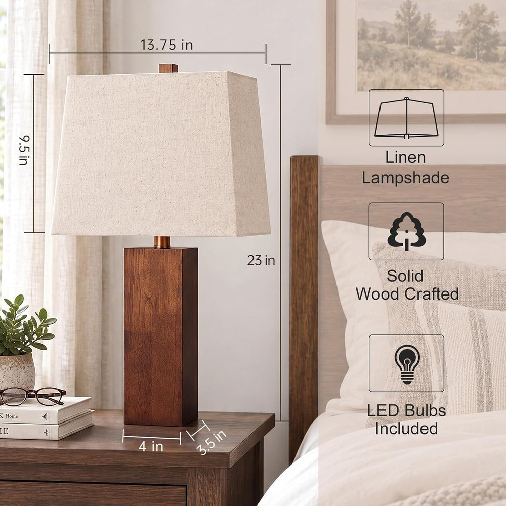 23" Solid Wood Table Lamp Set of 2 for Living Room, 3-Way Dimmable Bulb