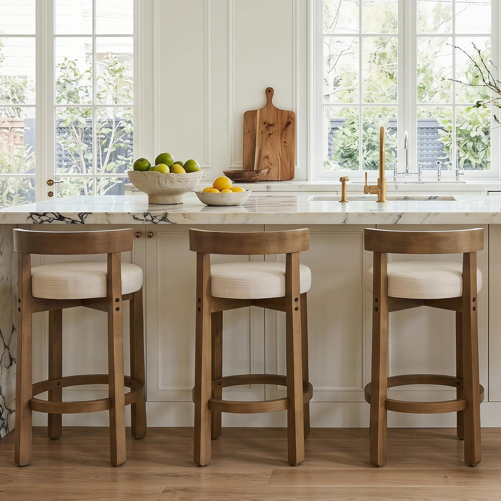 Ya-Home Mid-Century Bar Stools Set of 2, 26.5 Inch Linen Counter Height Uphol...