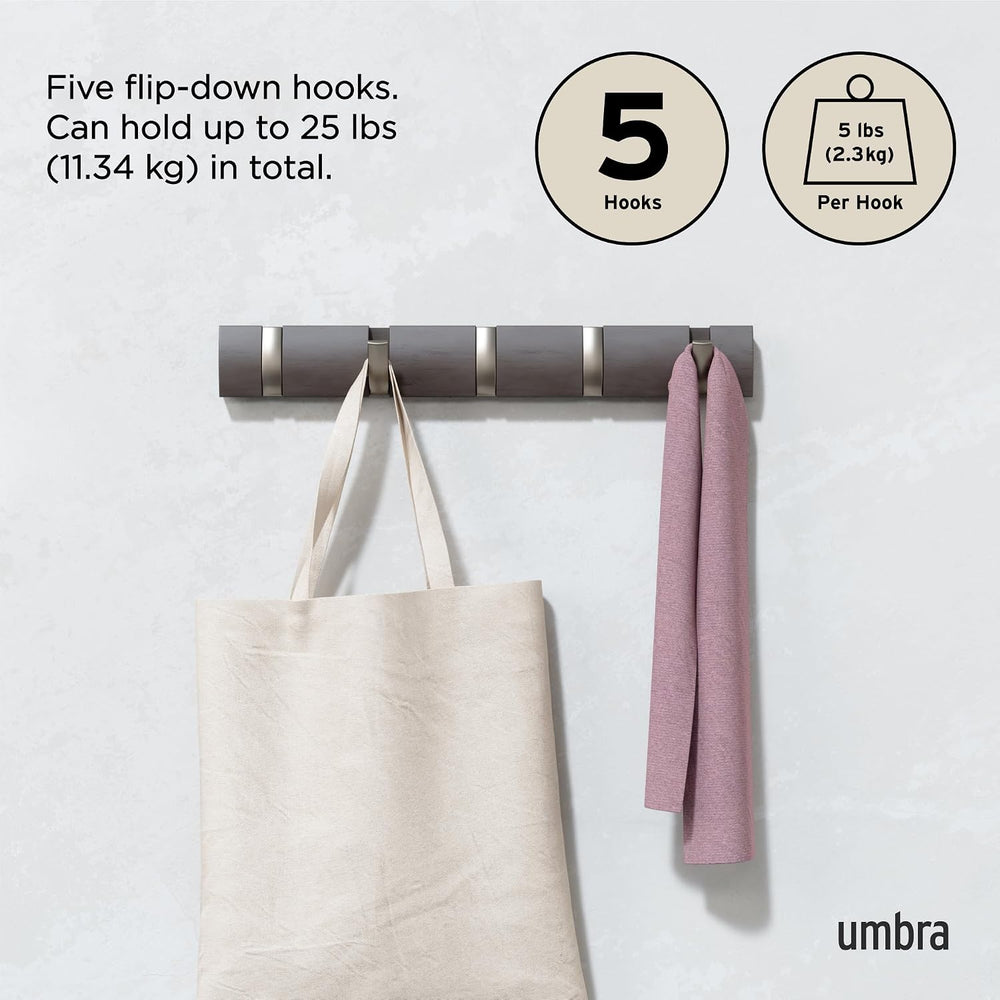 Umbra Flip Coat Rack, Wall Mounted 5-Hook Space Saving, Driftwood/Nickel