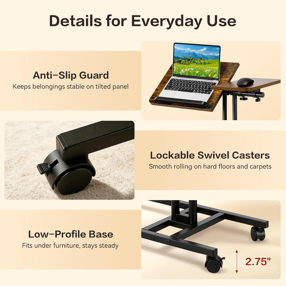 Overbed Side Table with Wheels, Adjustable Height Rolling Desk