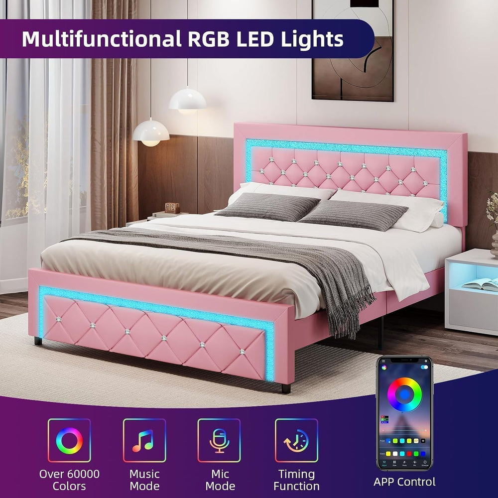 BarnFurin Full Bed Frame with LED Lights, Diamond Tufted Headboard, Pink