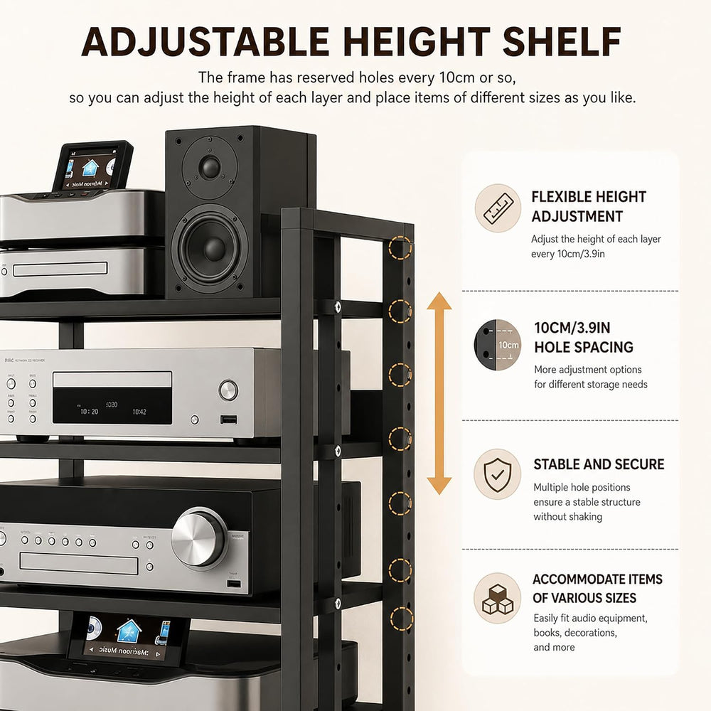 5 Tier Av Media Stand with Wheels, 39in Adjustable Audio Rack