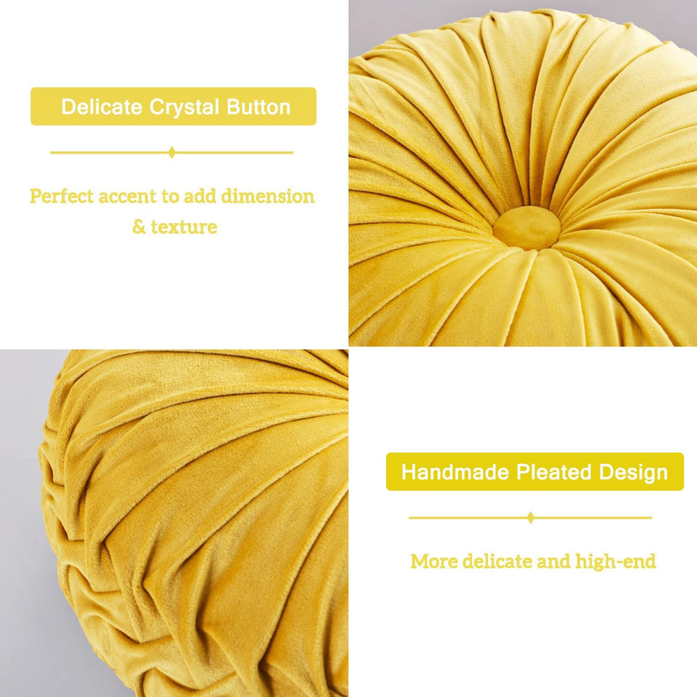 HIG Set of 2 Yellow Velvet Decorative Round Pleated Throw Pillows