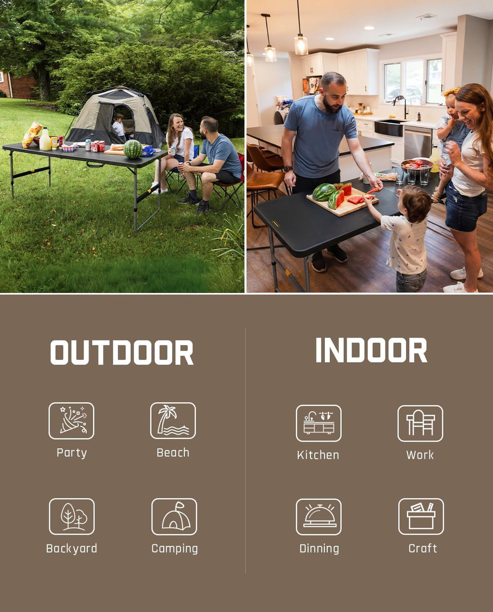 FanttikOutdoor Folding Table Plastic 6ft Quick Adjust 3-Height Picnic Party