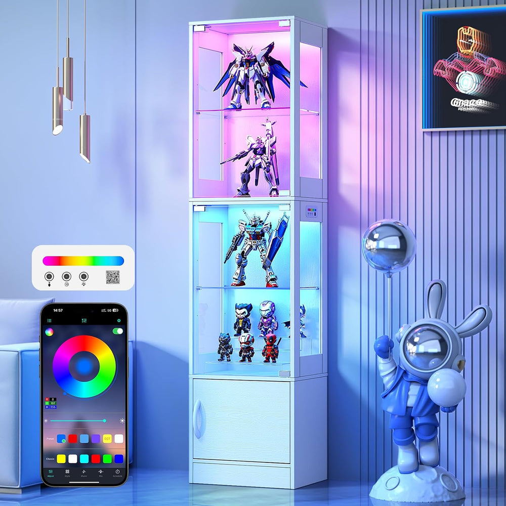 Display Cabinet with Glass Doors, RGB Lighting & Bottom Storage, White