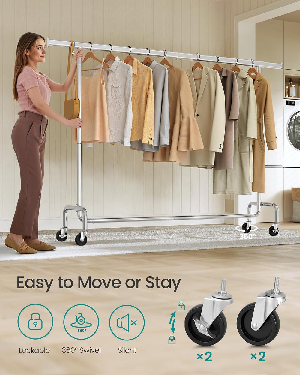 SONGMICS Clothes Rack with Wheels, Heavy-Duty, Extendable Hanging Rod
