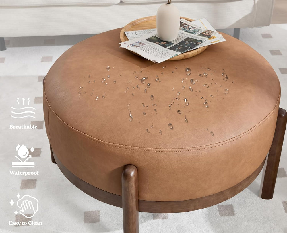 EALSON 29" Round Ottoman Modern Leather Upholstered Footstool Mid Centur...