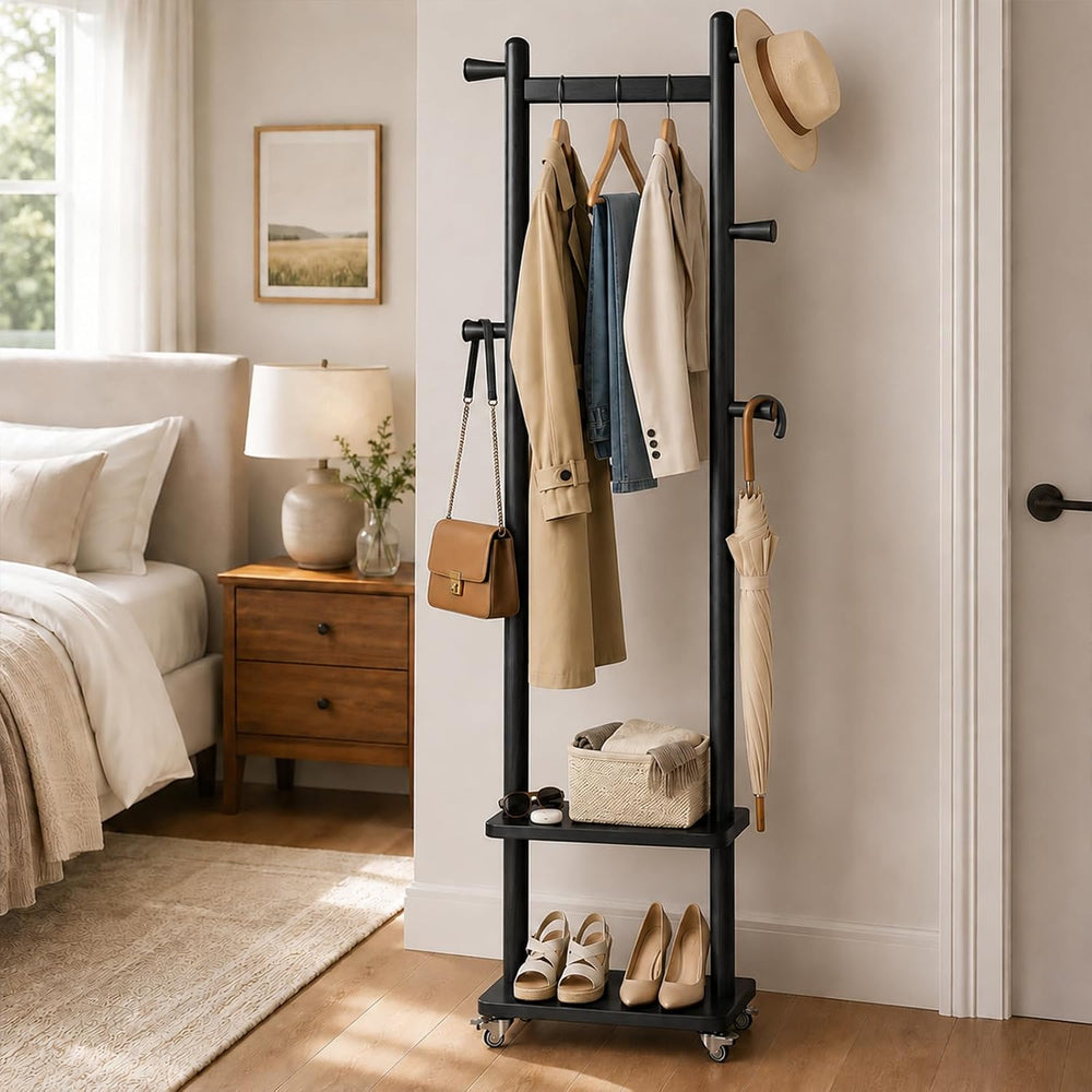 Taitiy Small Clothes Rack Solid Wood Coat Rack Freestanding with Wheels