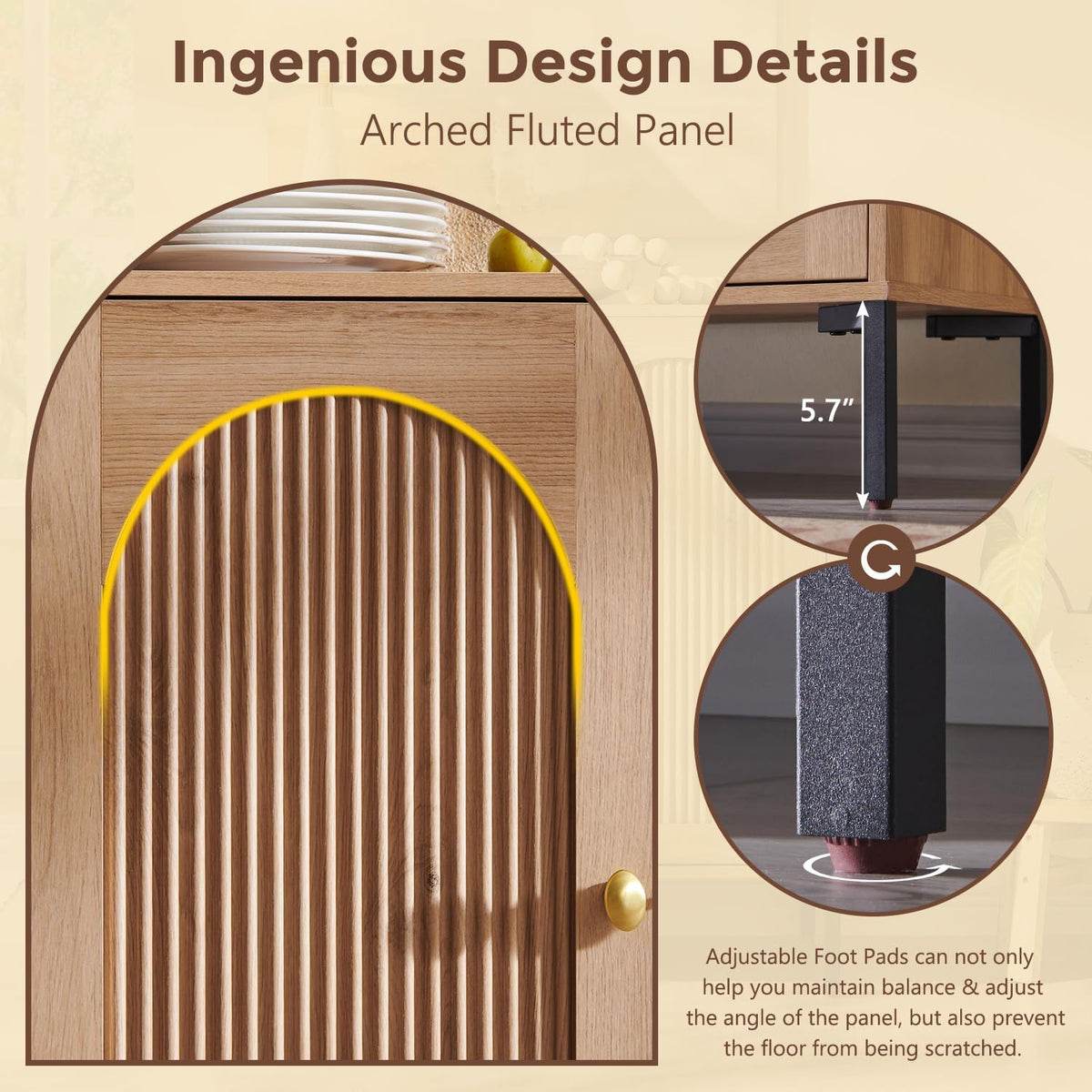 IFGET 34" Tall Modern Arched Sideboard Buffet Cabinet with Storage, Natural