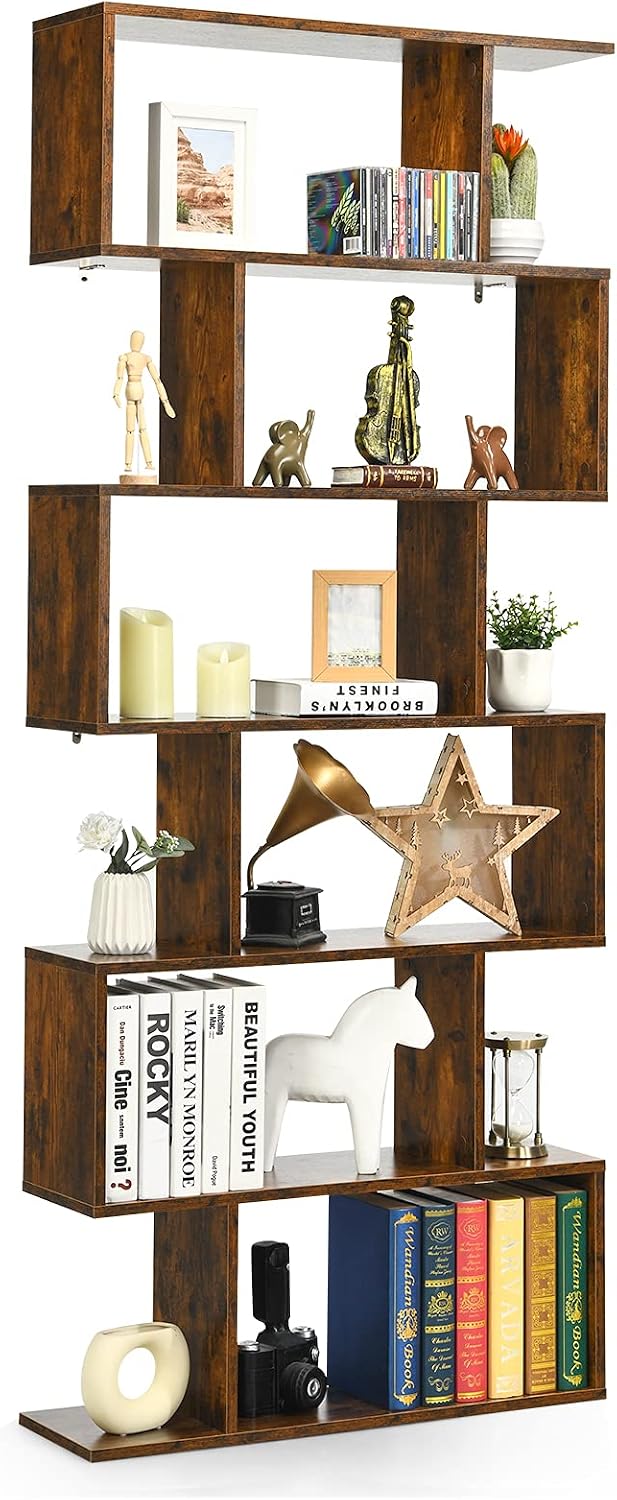 Tangkula 6 Tier S Shaped Bookshelf, 31.5''L x 9''W x 75'&...