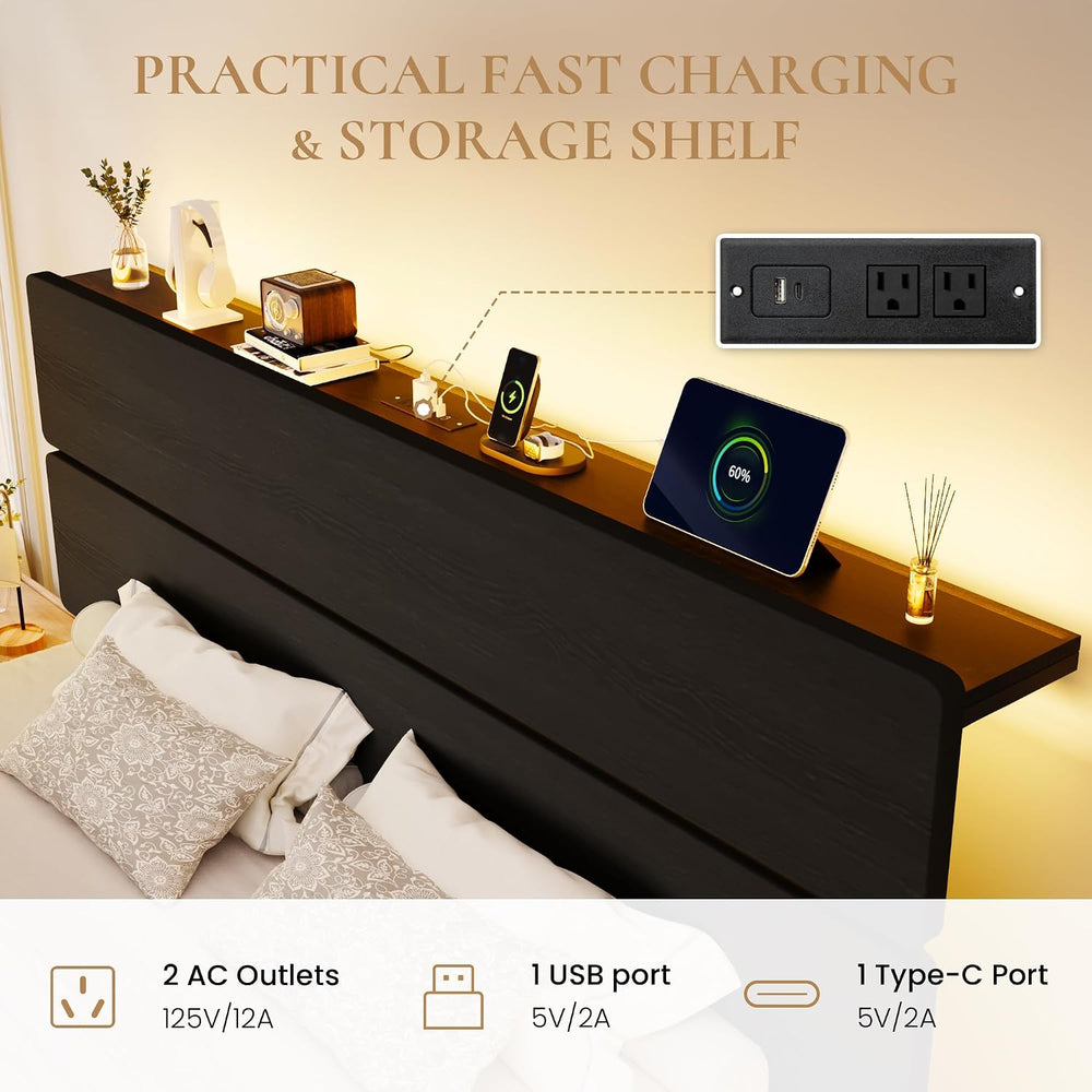 SHA CERLIN King Size Bed Frame, Led Light, Charging Station, Storage Shelf