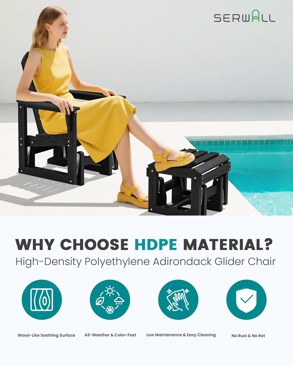 SERWALL HDPE Outdoor Glider with Ottoman Set of 2, All-Weather Patio Glider