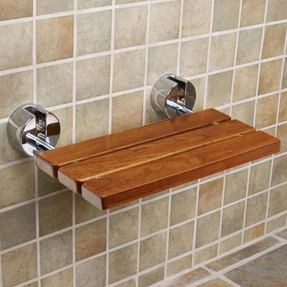 HomeAesthetics 20" Teak Wood Folding Wall Mounted Shower Seat Bench, Med...