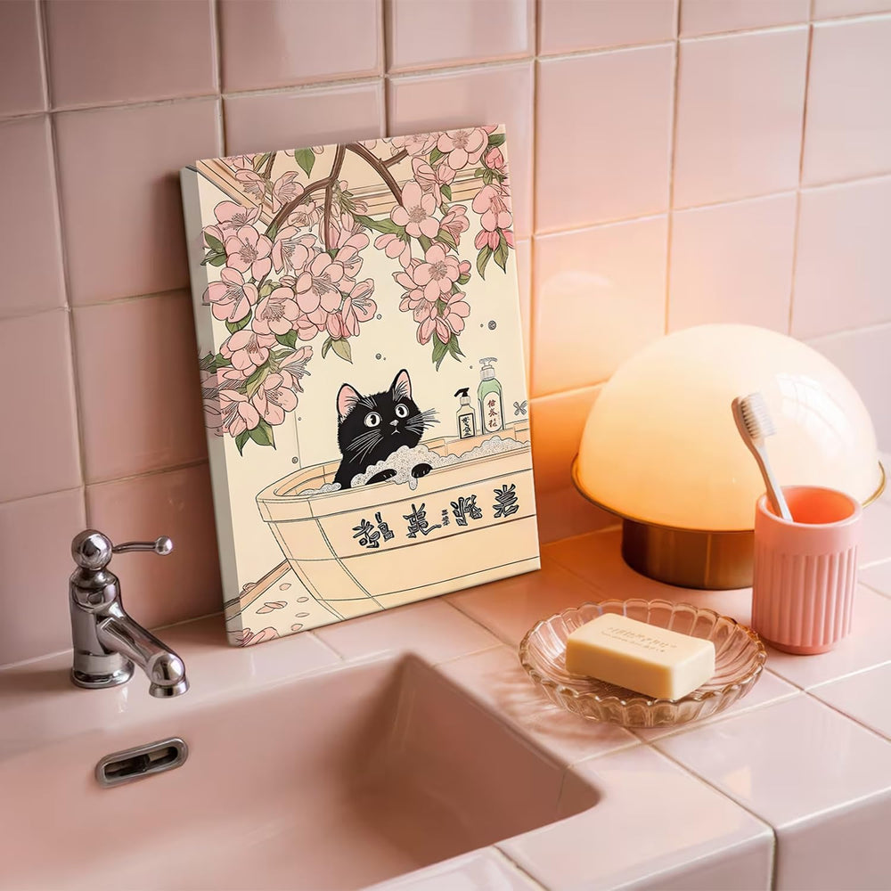 Funny Japanese Bathroom Wall Art Set of 3, Whimsical Black Cat Bathroom Wall ...