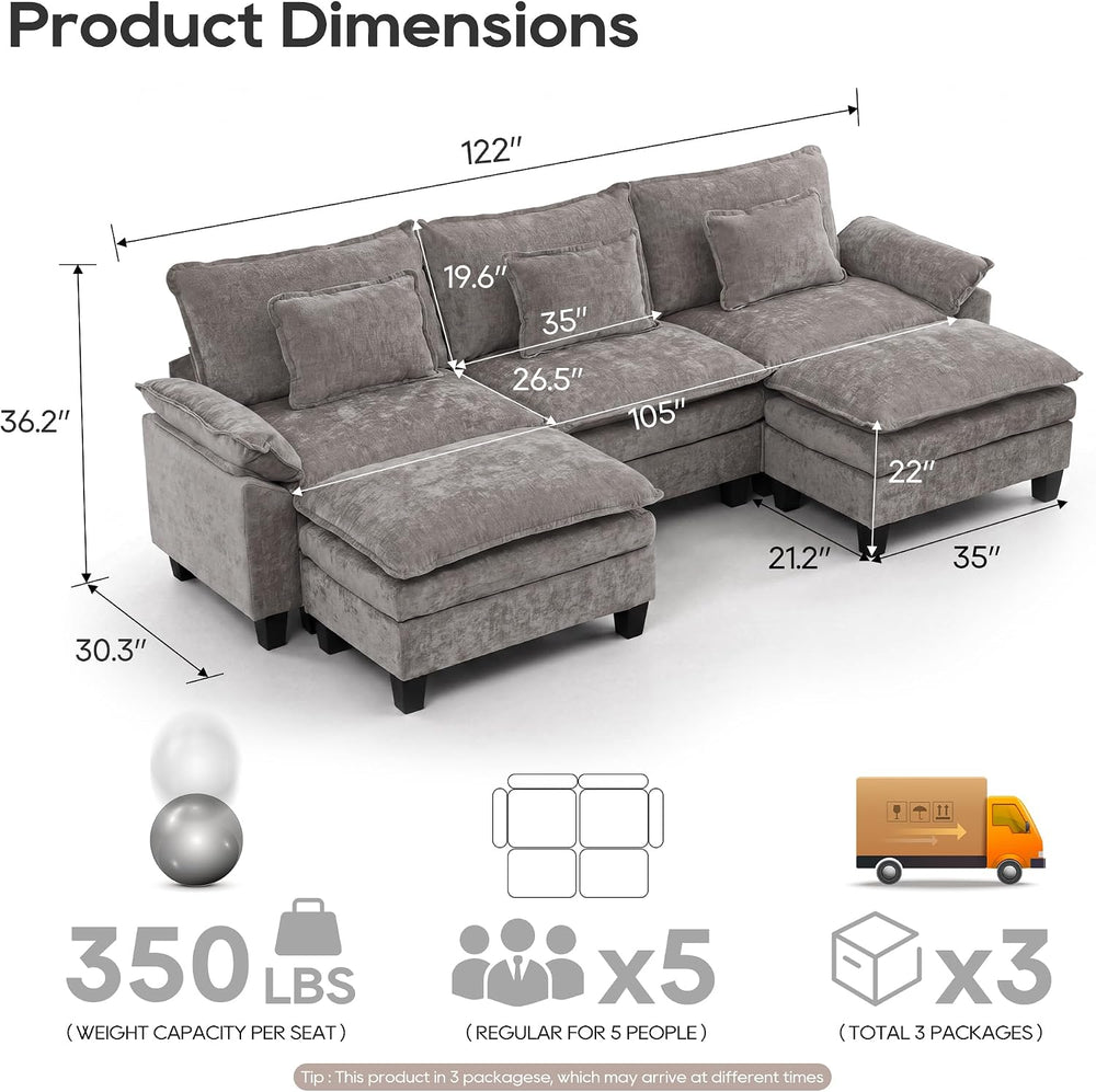 URRED Oversized Modular Sectional Sofa，Gray：122" U Shaped