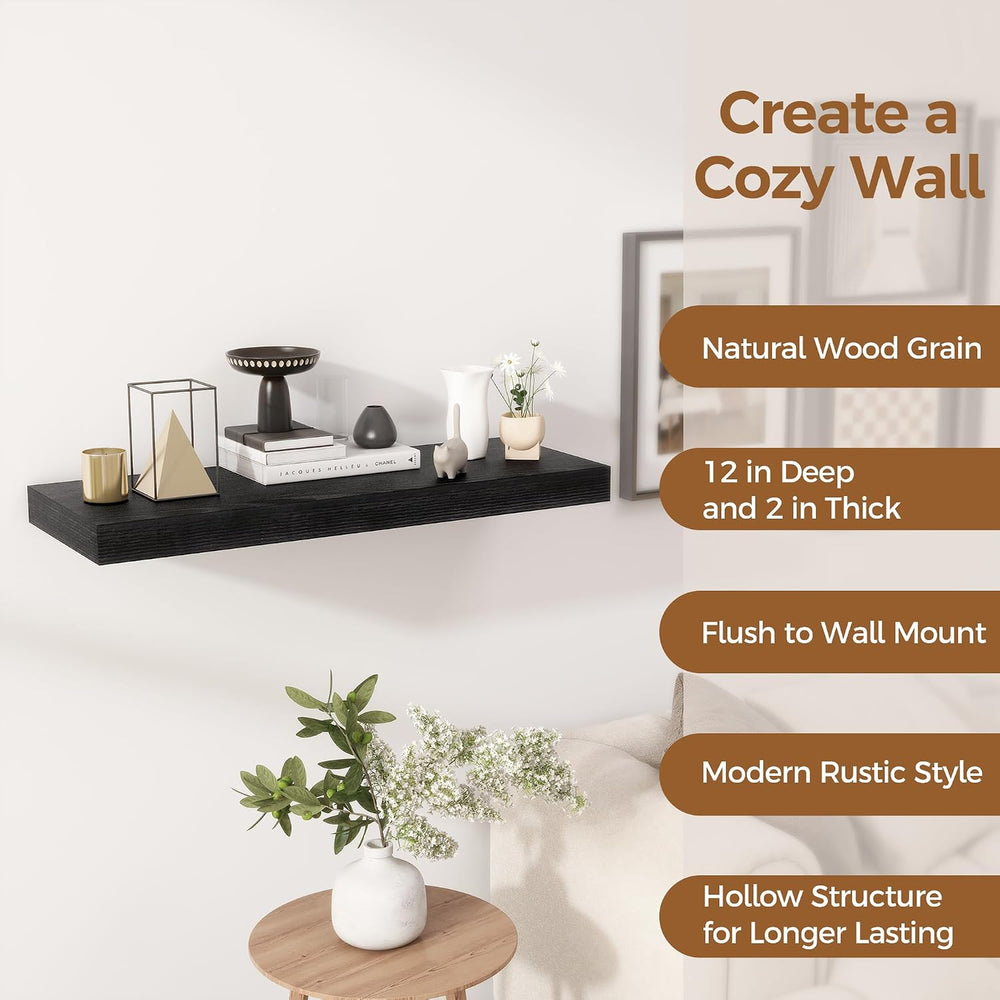 Fun Memories 30 Inch Floating Shelves Black, 12 Inch Deep Floating Shelf for ...