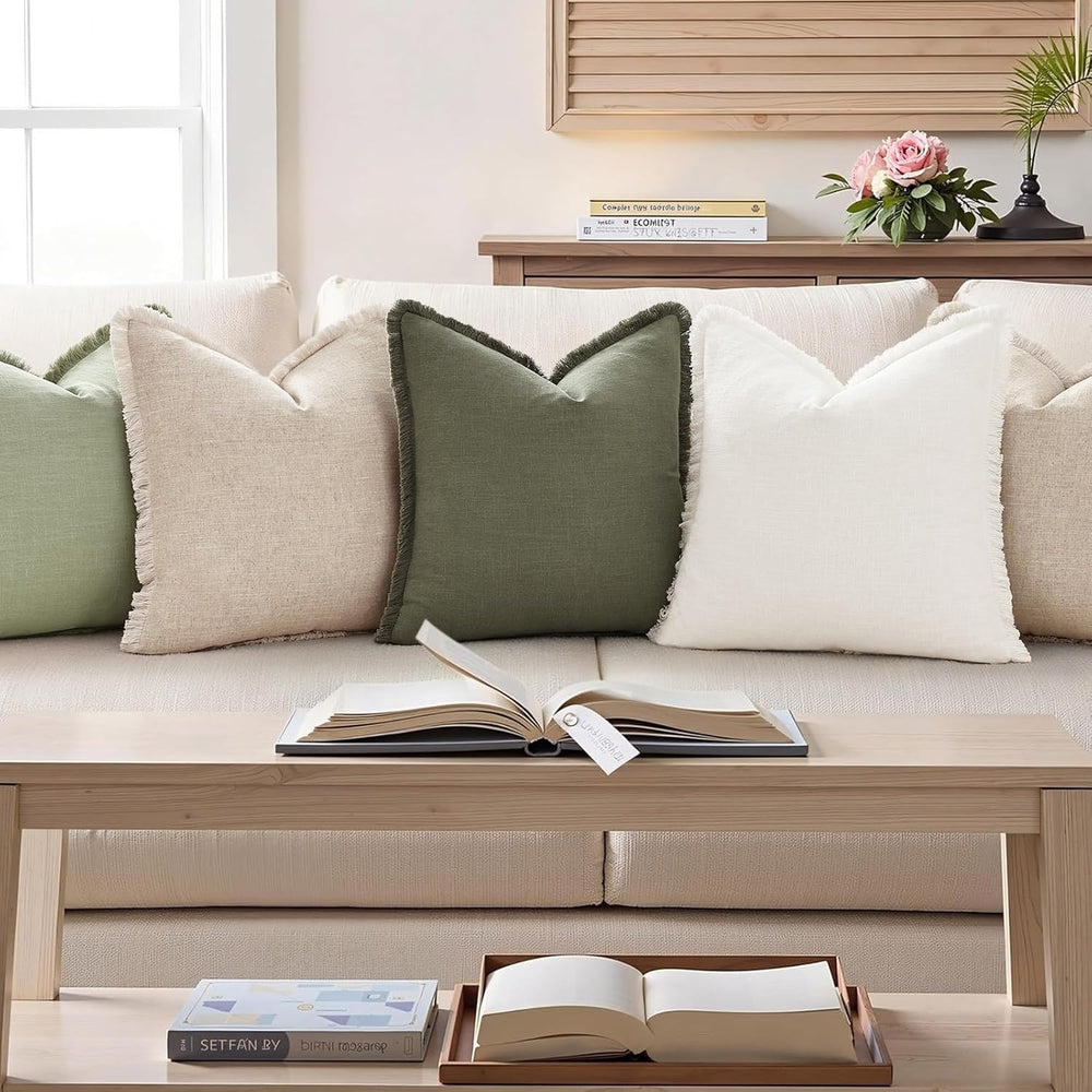 decorUhome Linen Fringe Olive Green Throw Pillow Covers 24x24 Set of 2