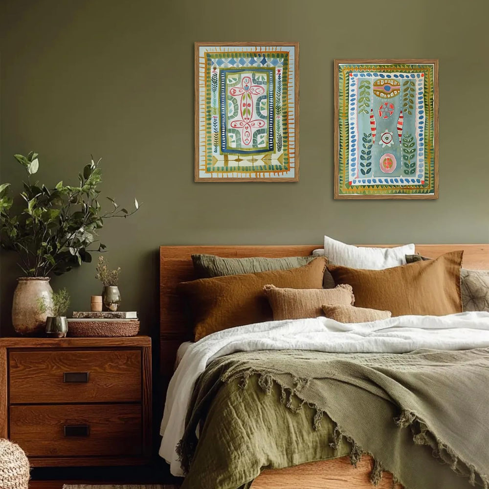 Framed Boho Wall Art Set of 2, Sage Green Botanical Pictures Wall Decor, Abst...
