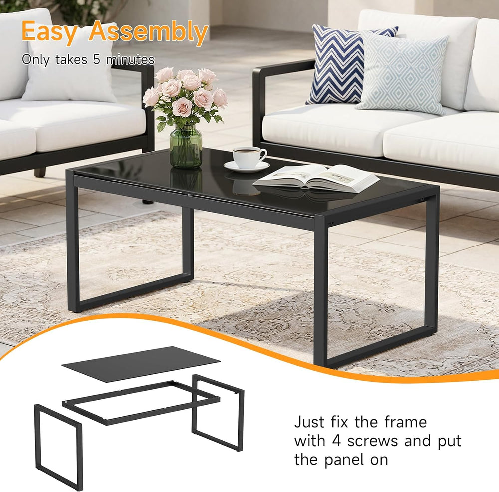 ONBRILL Rectangle Coffee Table with Tempered Glass Desktop, Black