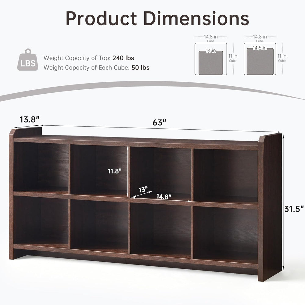 8 Cube Low Storage Organizer, 63" Long Horizontal Bookshelf, Dark Walnut