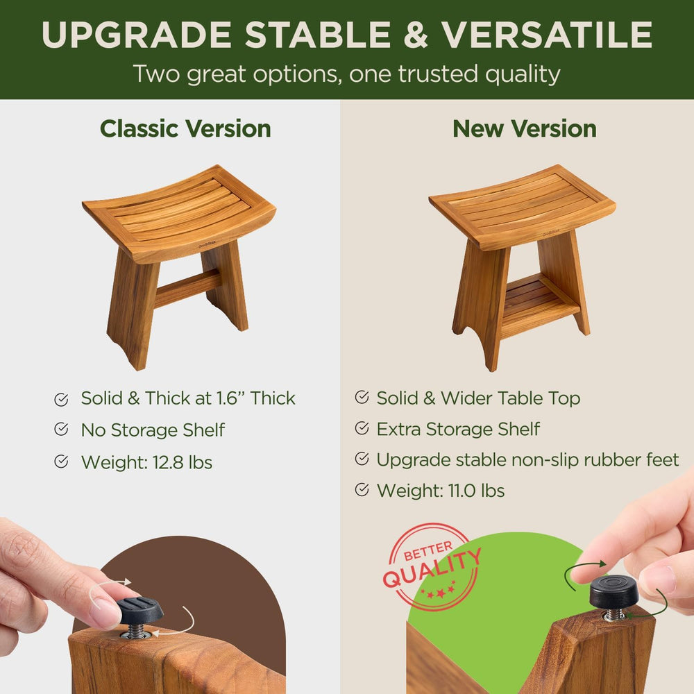 Premium 18" Teak Shower Bench, Non-Slip Safety, 2-Tier - Curved