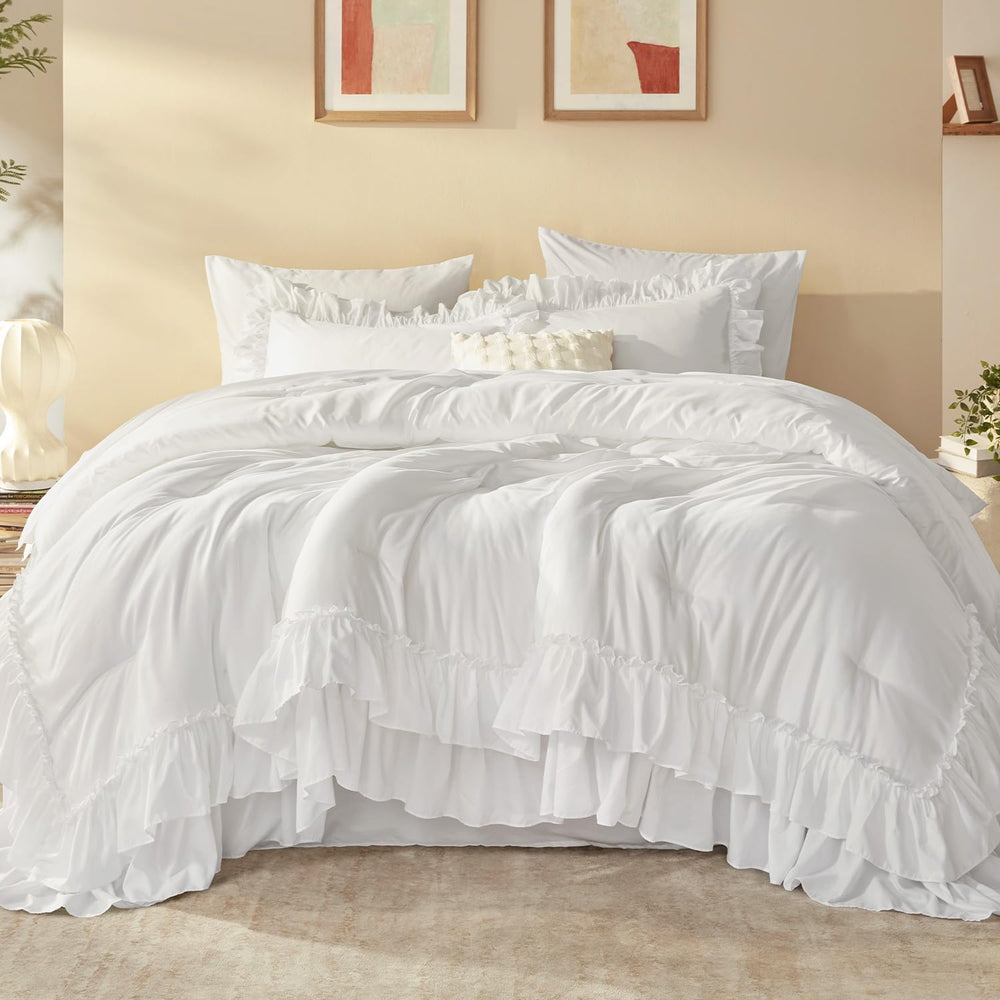 Litanika King Size Comforter Set, 7 Pcs White Ruffle Bed in a Bag