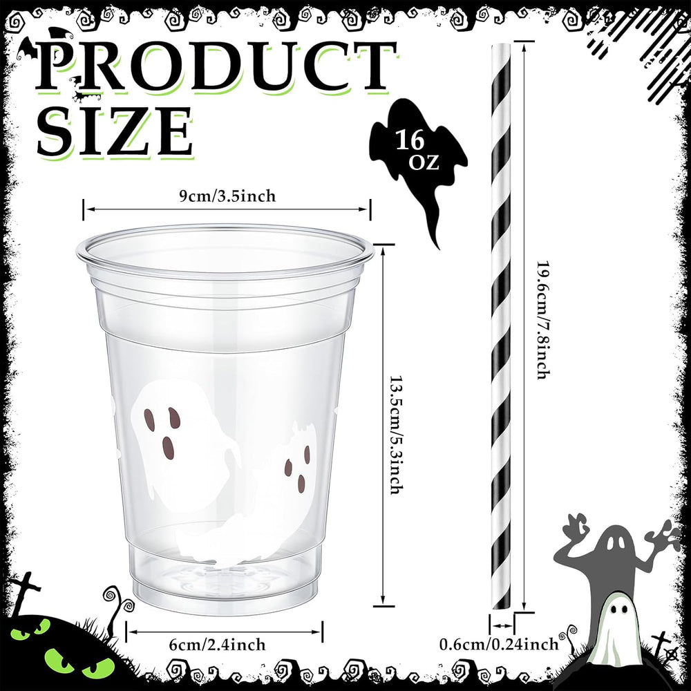 Jingmore 50 Set Halloween Ghost Lattes Plastic Cup 16 oz with Lid and Straw