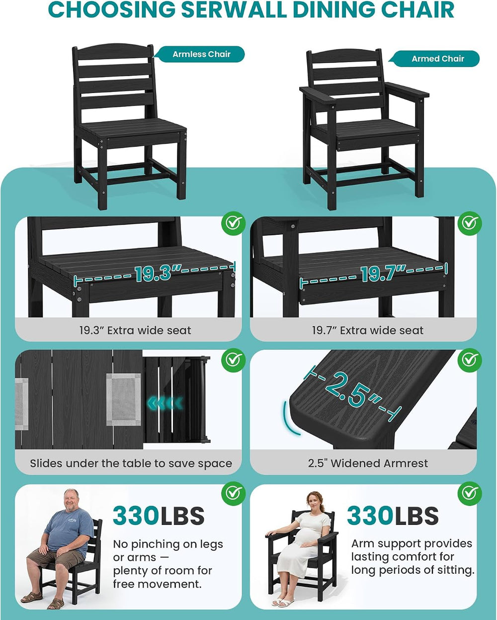 SERWALL Armless Outdoor Dining Set, Patio Dining Set for 6, Black
