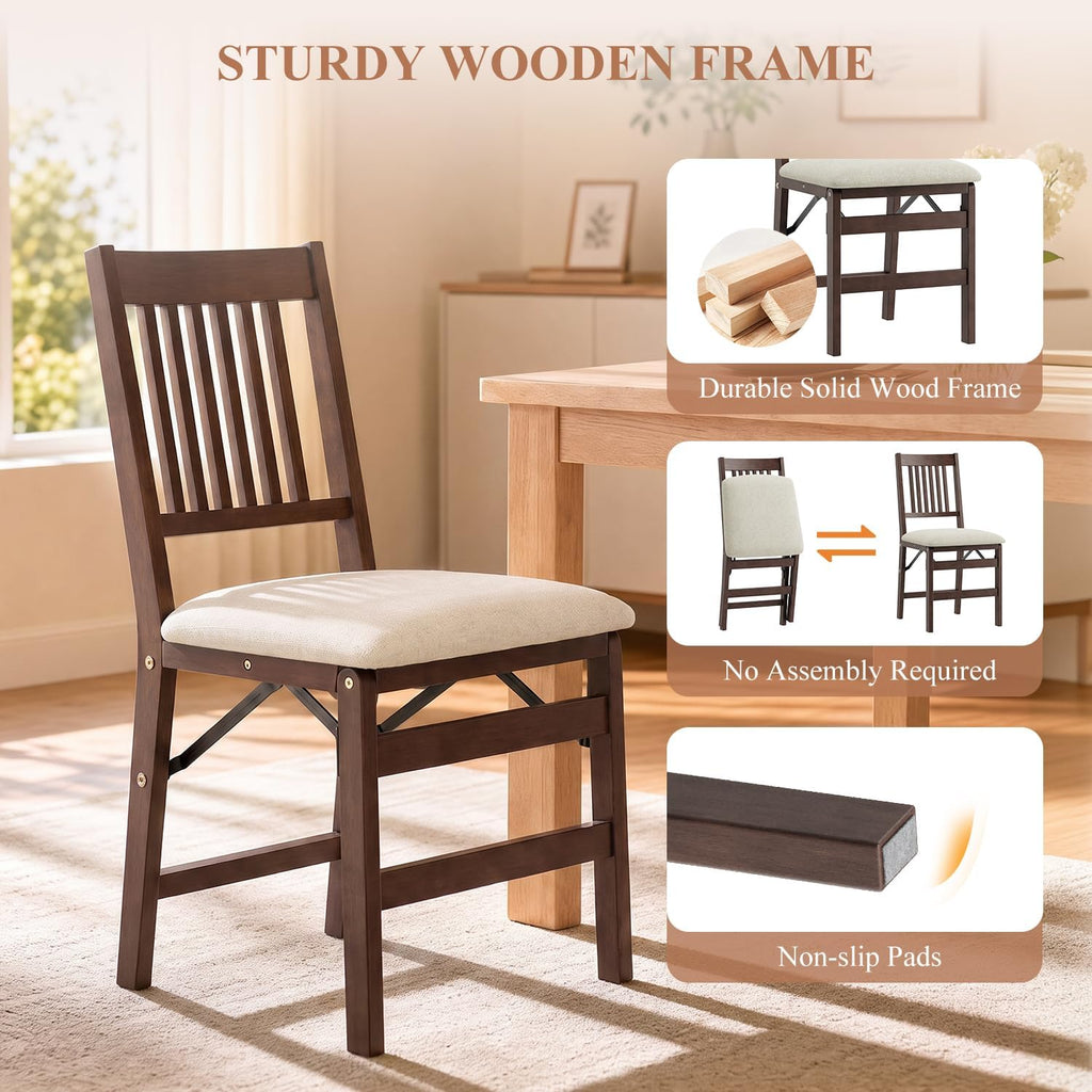 Folding Wood Dining Chairs Set of 2 – No Assembly, Beige Fabric Cushion