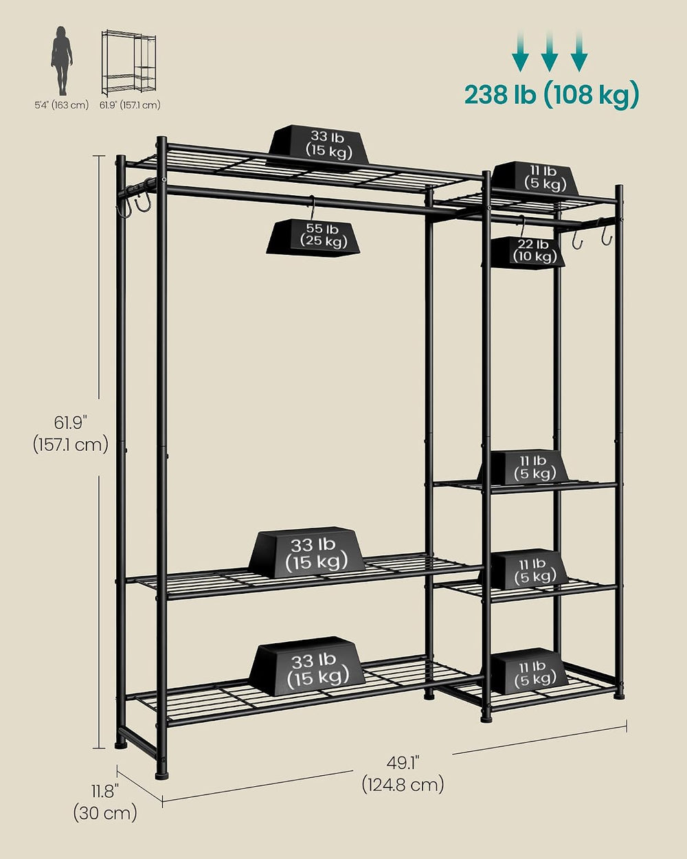 SONGMICS Portable Closet Wardrobe, Freestanding Clothing Rack, Black
