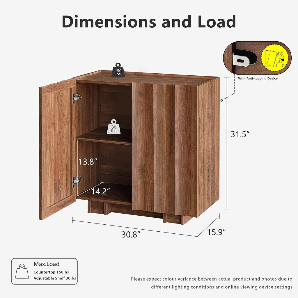 win2win 30.8" Sideboard Buffet Cabinet with Storage, Walnut, Wave Design