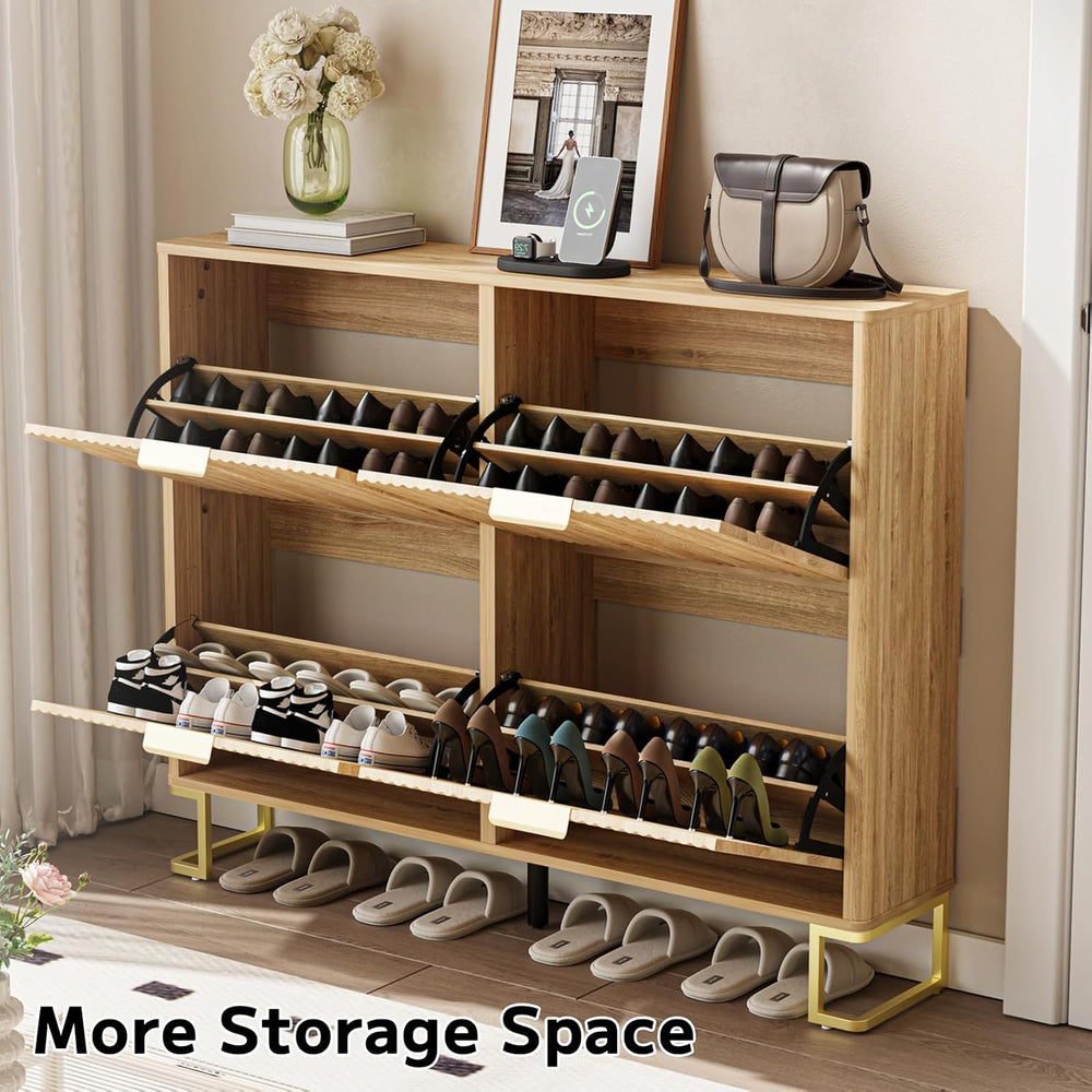 Fluted Shoe Cabinet Storage with 4 Flip Drawers, Adjustable 2-Tier Shelf