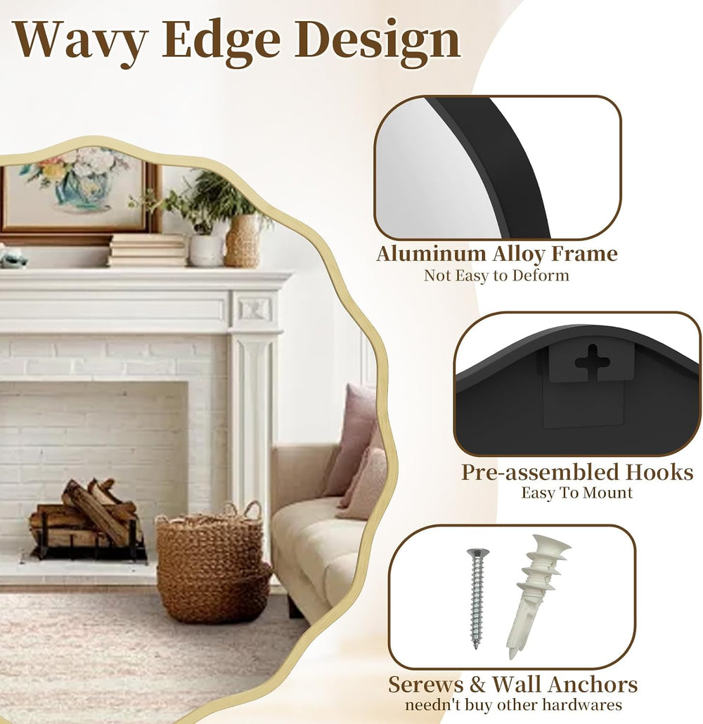 HOMECOOKIN 28" Wavy Round Wall Mirror, Gold Scalloped Circle Mirror Edge...