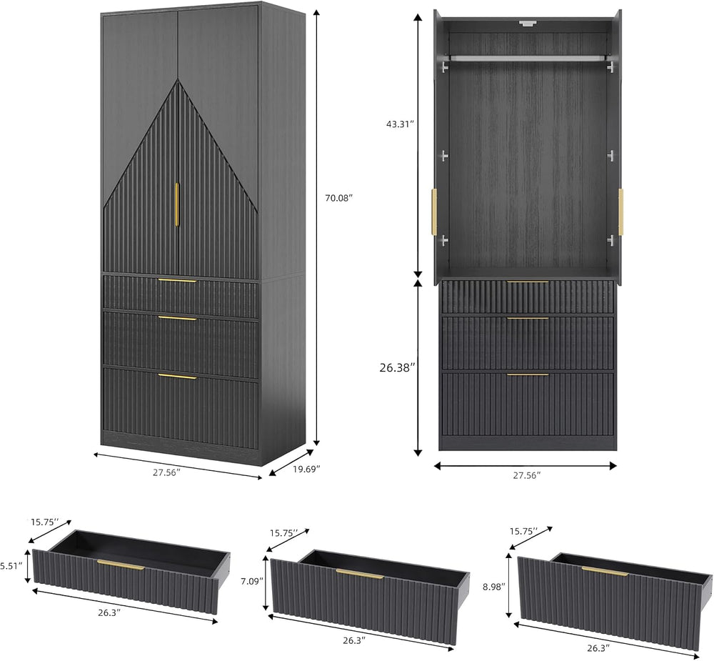 TOKSOM 70" Wardrobe Armoire Wooden Closet with 2 Doors and 3 Drawers, Be...