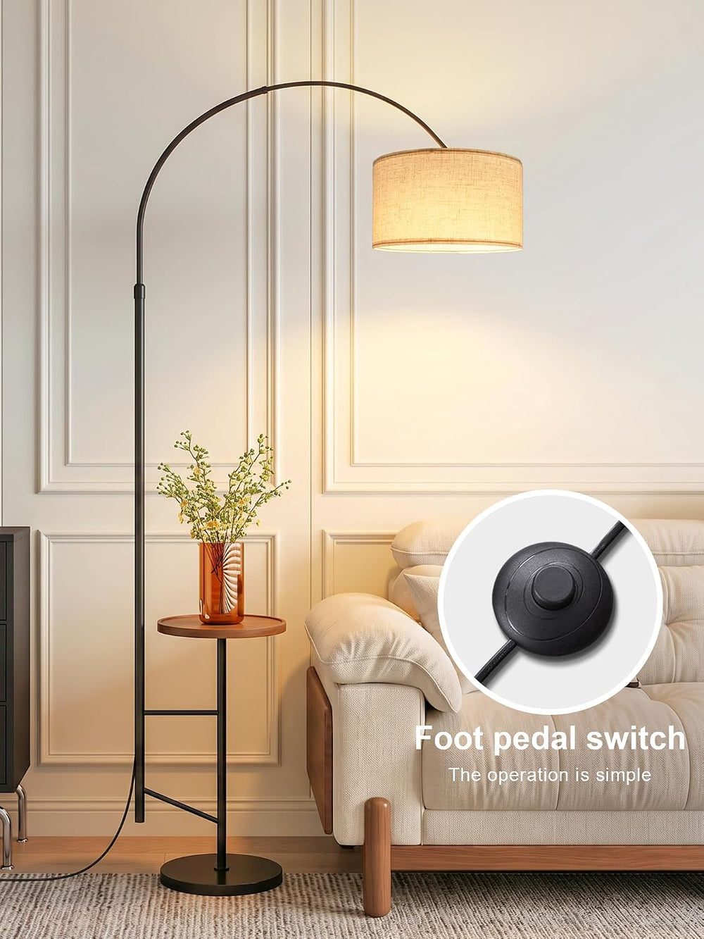 Arc Floor Lamp with Side Table, Height‑Adjustable With Remote Control
