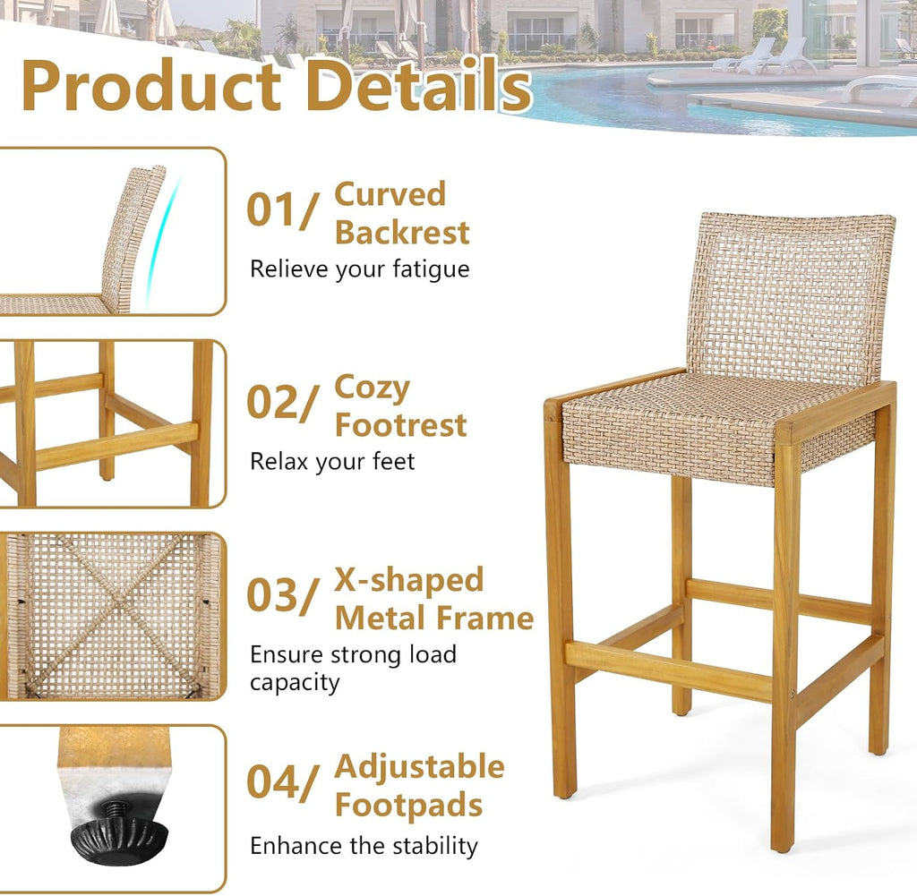 Tangkula Patio Wood Barstools Set of 2, PE Rattan Bar Height Chairs with Backrest, Stable Metal Frame, 400 lbs Max Load, Light Brown PE Wicker Bar Chairs for Porch, Backyard, Balcony (2)