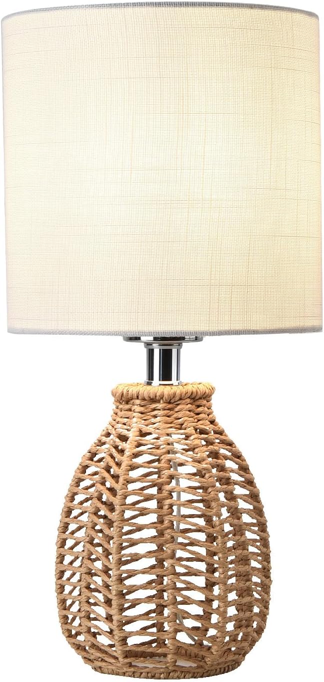 KUNJOULAM Rattan Table Lamp, Small Nightstand Lamp with Linen Fabric Lampshad...
